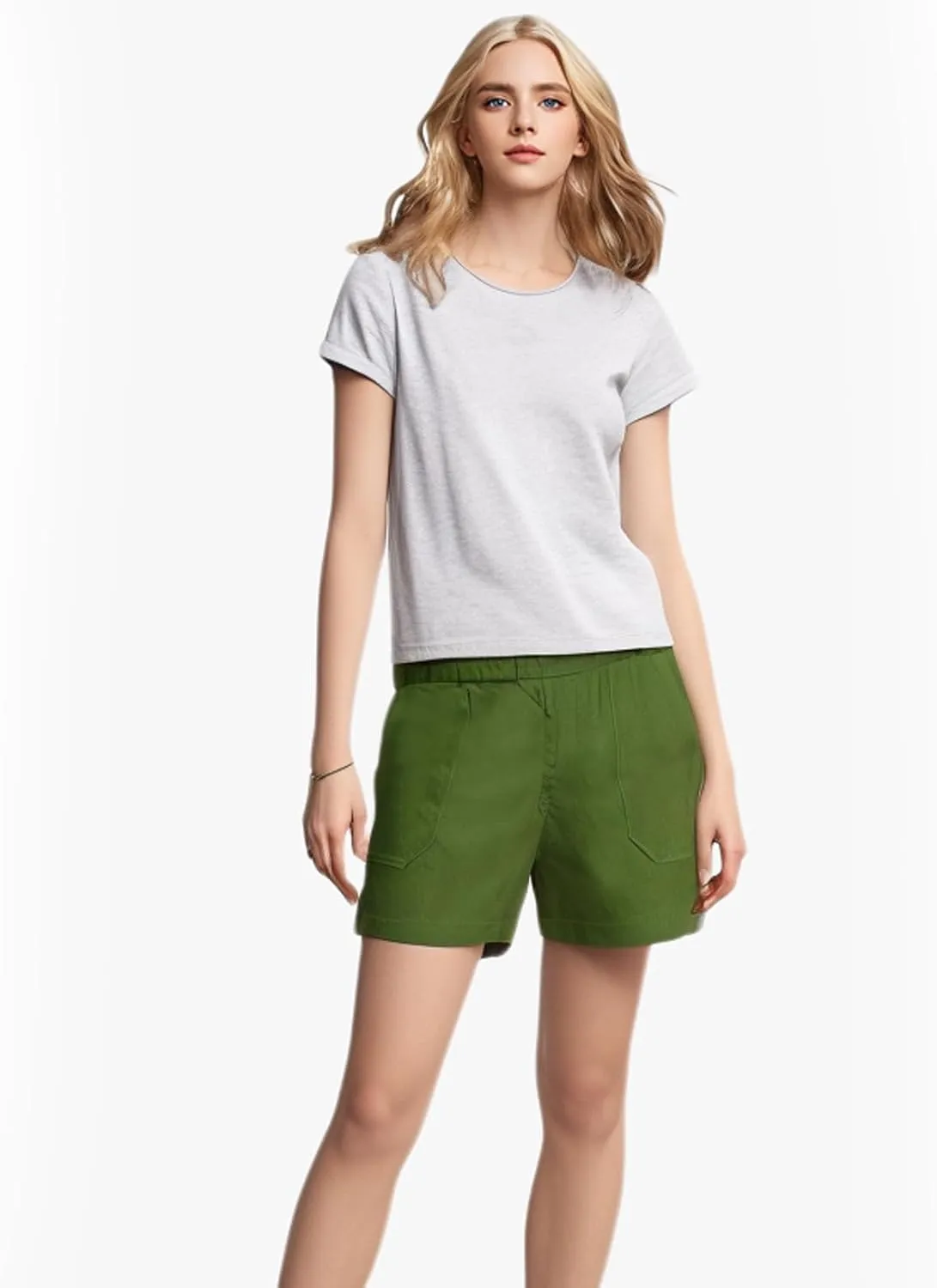 Womens Stretch Twill Shorts, Summer Casual Pull On Jean Shorts Elastic High Waisted Denim Shorts with Pockets