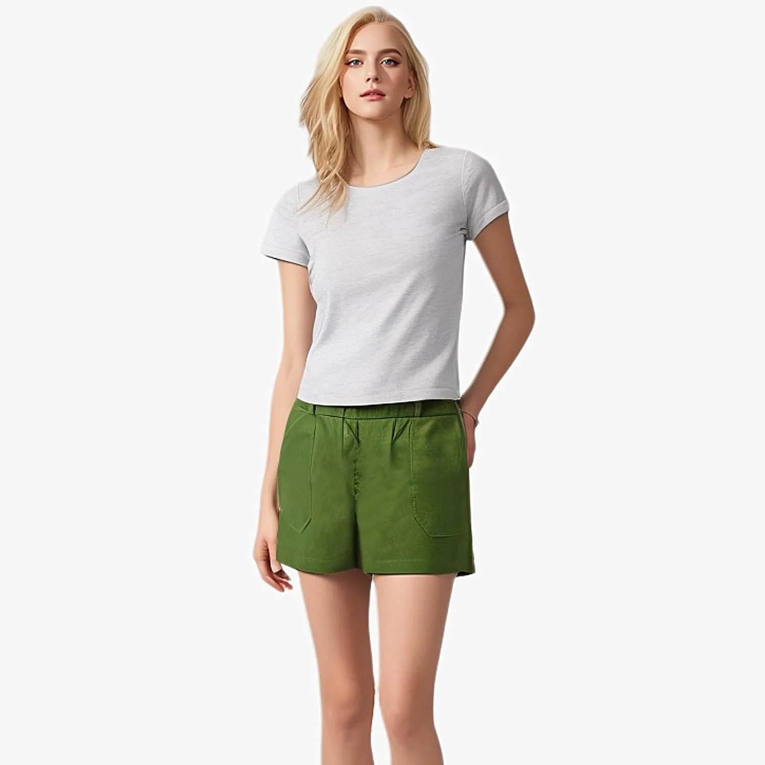 Womens Stretch Twill Shorts, Summer Casual Pull On Jean Shorts Elastic High Waisted Denim Shorts with Pockets