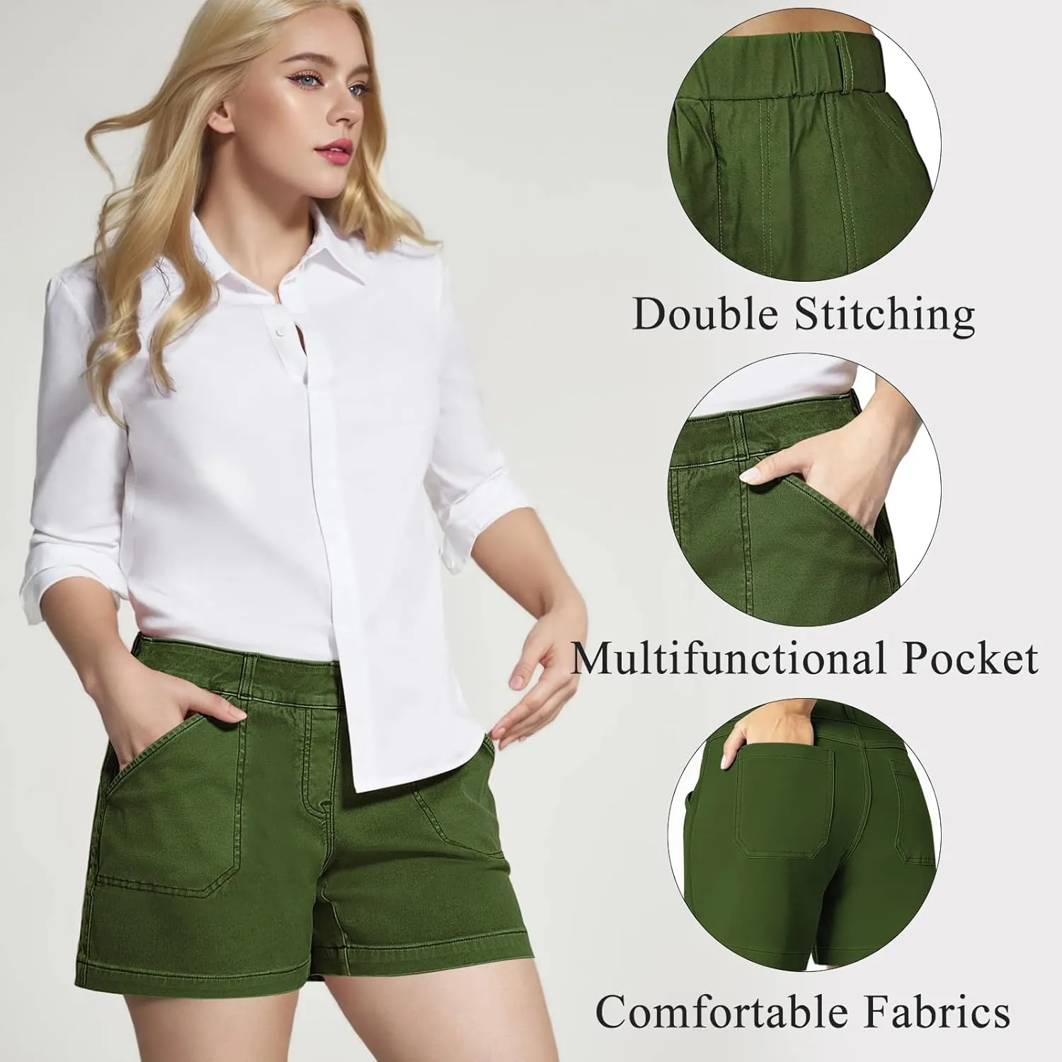 Womens Stretch Twill Shorts, Summer Casual Pull On Jean Shorts Elastic High Waisted Denim Shorts with Pockets