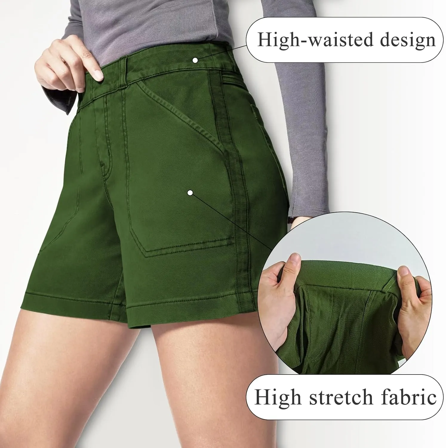 Womens Stretch Twill Shorts, Summer Casual Pull On Jean Shorts Elastic High Waisted Denim Shorts with Pockets
