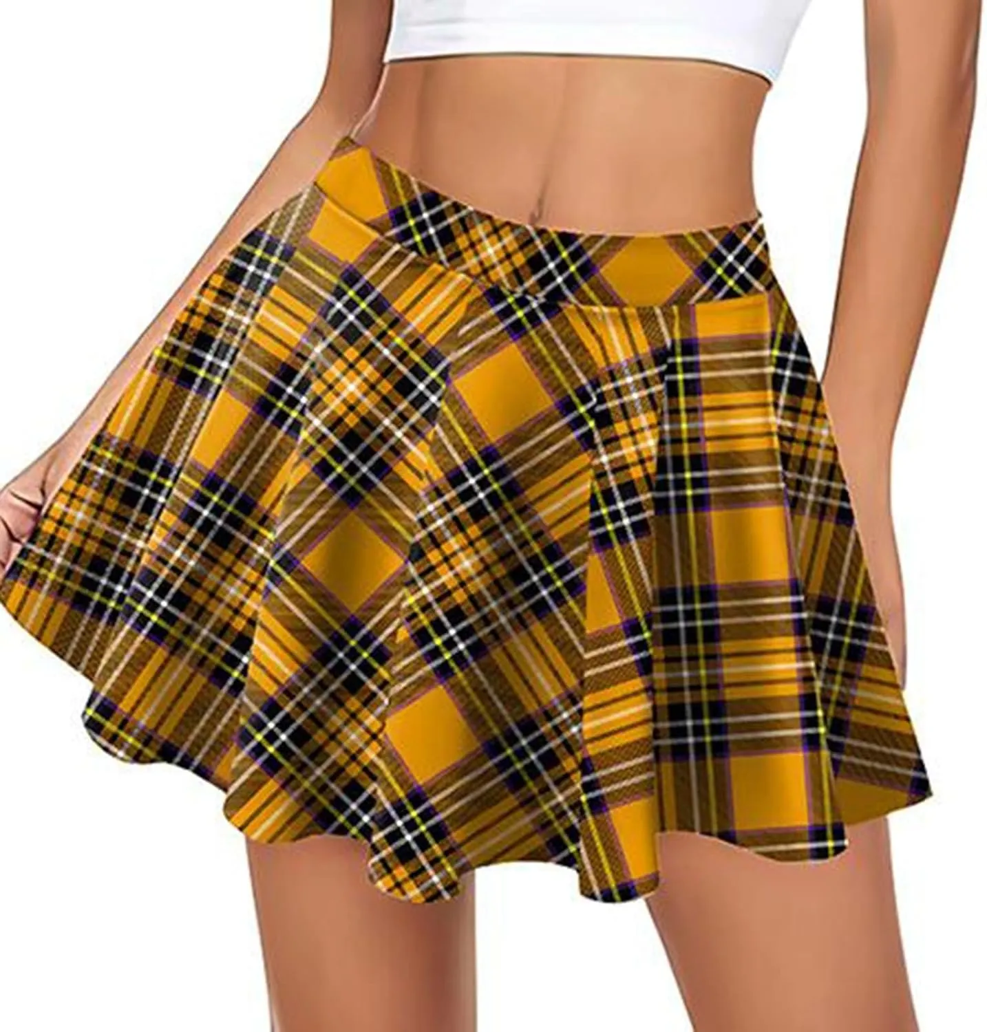 Womens Stretchy Pleated Mini Skirt Plaid Skirts High Waist A Line Skater Tennis Skirt Trendy Y2k Pleated Cheer Skirt