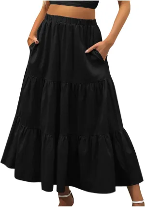 Women’s Summer Boho Midi Skirt Flowy Swing Tiered A-Line Skirts with Pockets 2025 Trendy Ruffle Pleated Beach Dress