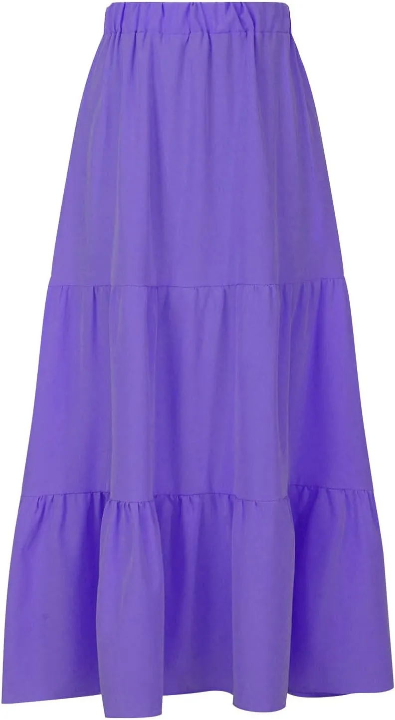 Womens Summer Boho Midi Skirt Flowy Swing Tiered A-Line Skirts with Pockets 2025 Trendy Ruffle Pleated Beach Dress