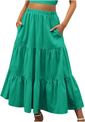 Womens Summer Boho Midi Skirt Flowy Swing Tiered A-Line Skirts with Pockets 2025 Trendy Ruffle Pleated Beach Dress