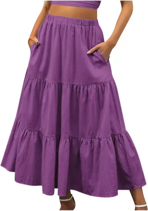 Womens Summer Boho Midi Skirt Flowy Swing Tiered A-Line Skirts with Pockets 2025 Trendy Ruffle Pleated Beach Dress
