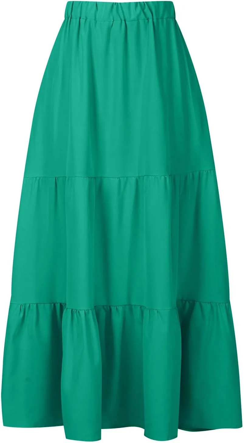 Womens Summer Boho Midi Skirt Flowy Swing Tiered A-Line Skirts with Pockets 2025 Trendy Ruffle Pleated Beach Dress