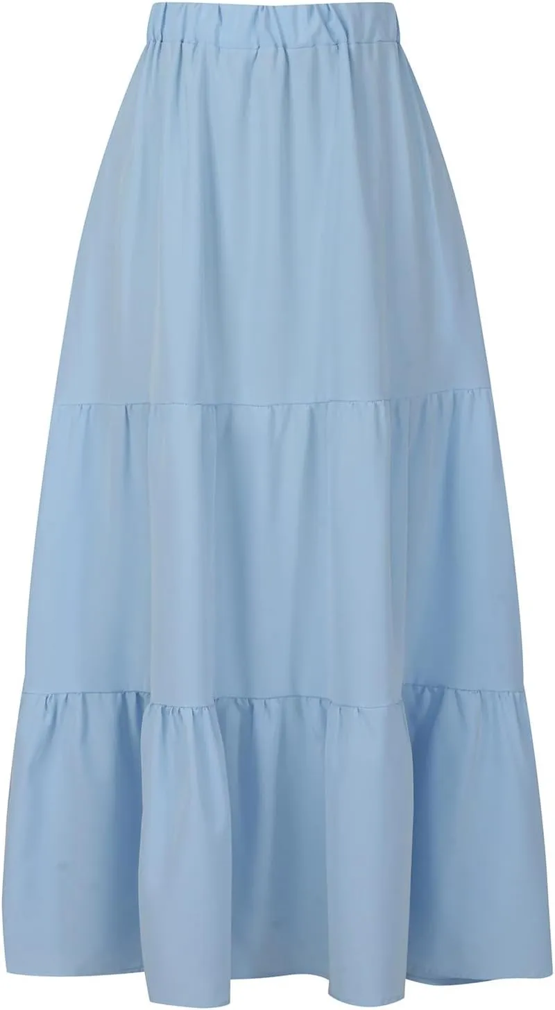 Womens Summer Boho Midi Skirt Flowy Swing Tiered A-Line Skirts with Pockets 2025 Trendy Ruffle Pleated Beach Dress