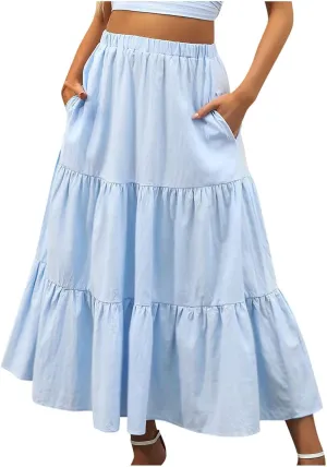 Womens Summer Boho Midi Skirt Flowy Swing Tiered A-Line Skirts with Pockets 2025 Trendy Ruffle Pleated Beach Dress