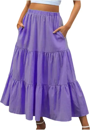 Womens Summer Boho Midi Skirt Flowy Swing Tiered A-Line Skirts with Pockets 2025 Trendy Ruffle Pleated Beach Dress