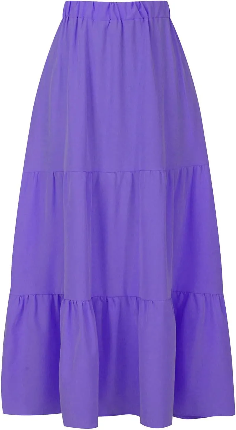 Womens Summer Boho Midi Skirt Flowy Swing Tiered A-Line Skirts with Pockets 2025 Trendy Ruffle Pleated Beach Dress