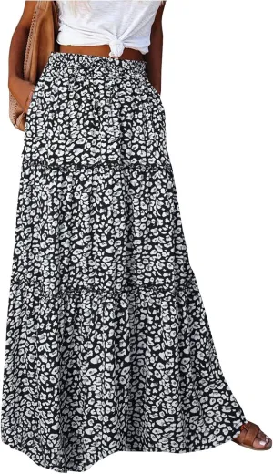 Women's Summer Skirts Beach Maxi Skirt Drawstring Elastic Ruffle Tiered A Line Skirts Cute Long Skirt with Pockets