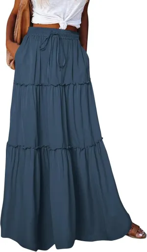 Women's Summer Skirts Beach Maxi Skirt Drawstring Elastic Ruffle Tiered A Line Skirts Cute Long Skirt with Pockets