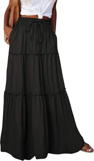 Women's Summer Skirts Beach Maxi Skirt Drawstring Elastic Ruffle Tiered A Line Skirts Cute Long Skirt with Pockets