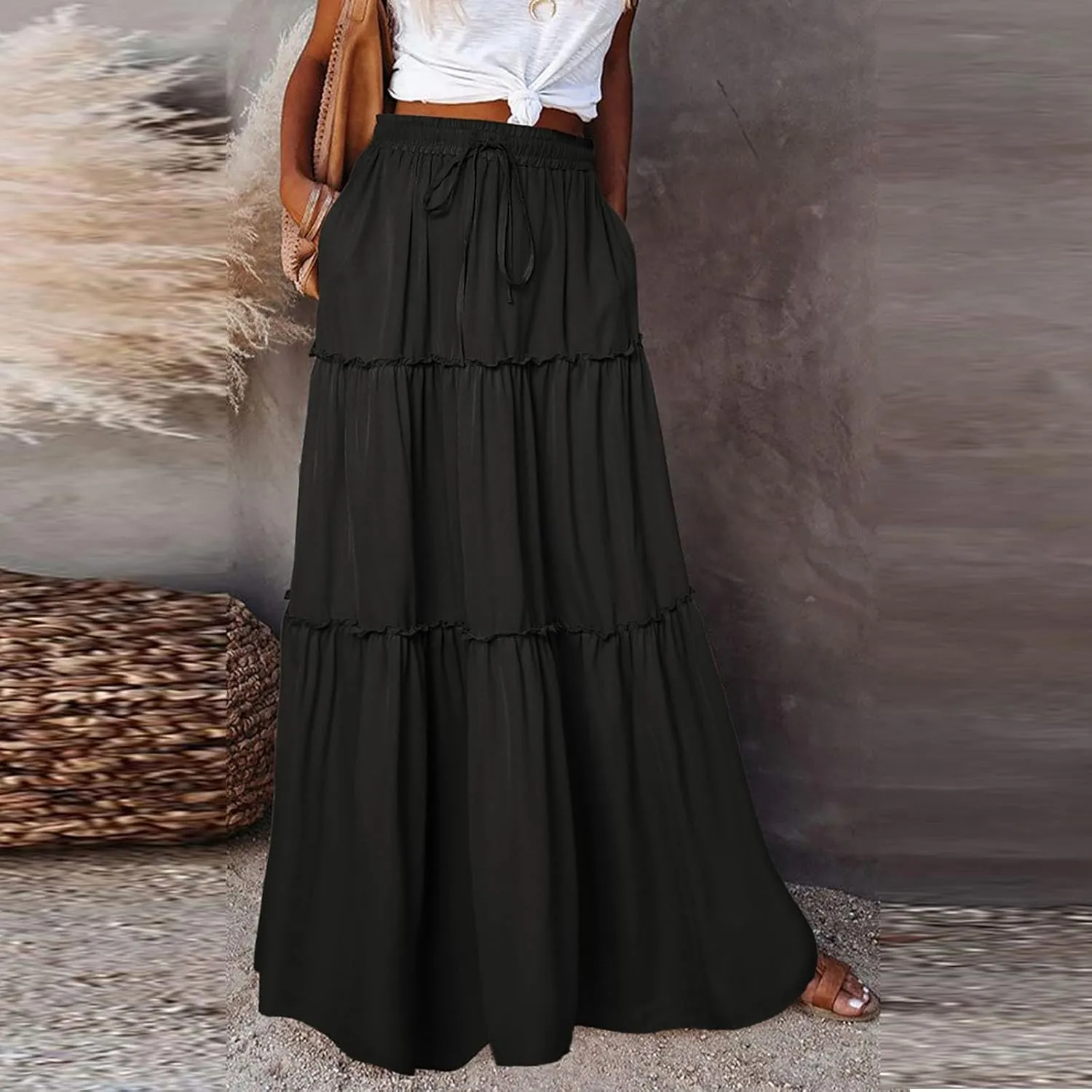 Women's Summer Skirts Beach Maxi Skirt Drawstring Elastic Ruffle Tiered A Line Skirts Cute Long Skirt with Pockets