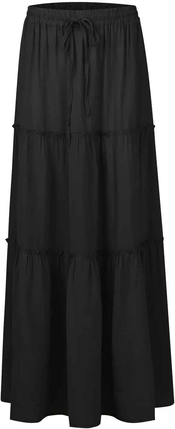Women's Summer Skirts Beach Maxi Skirt Drawstring Elastic Ruffle Tiered A Line Skirts Cute Long Skirt with Pockets
