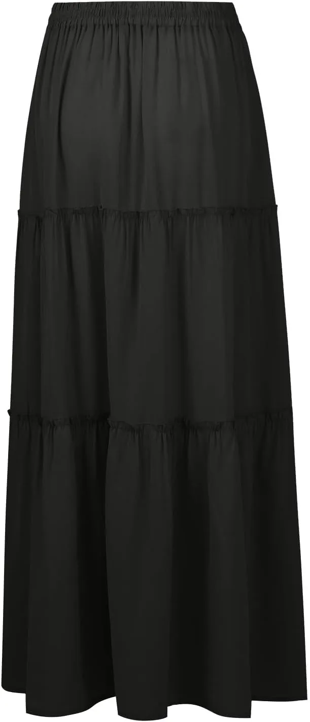 Women's Summer Skirts Beach Maxi Skirt Drawstring Elastic Ruffle Tiered A Line Skirts Cute Long Skirt with Pockets