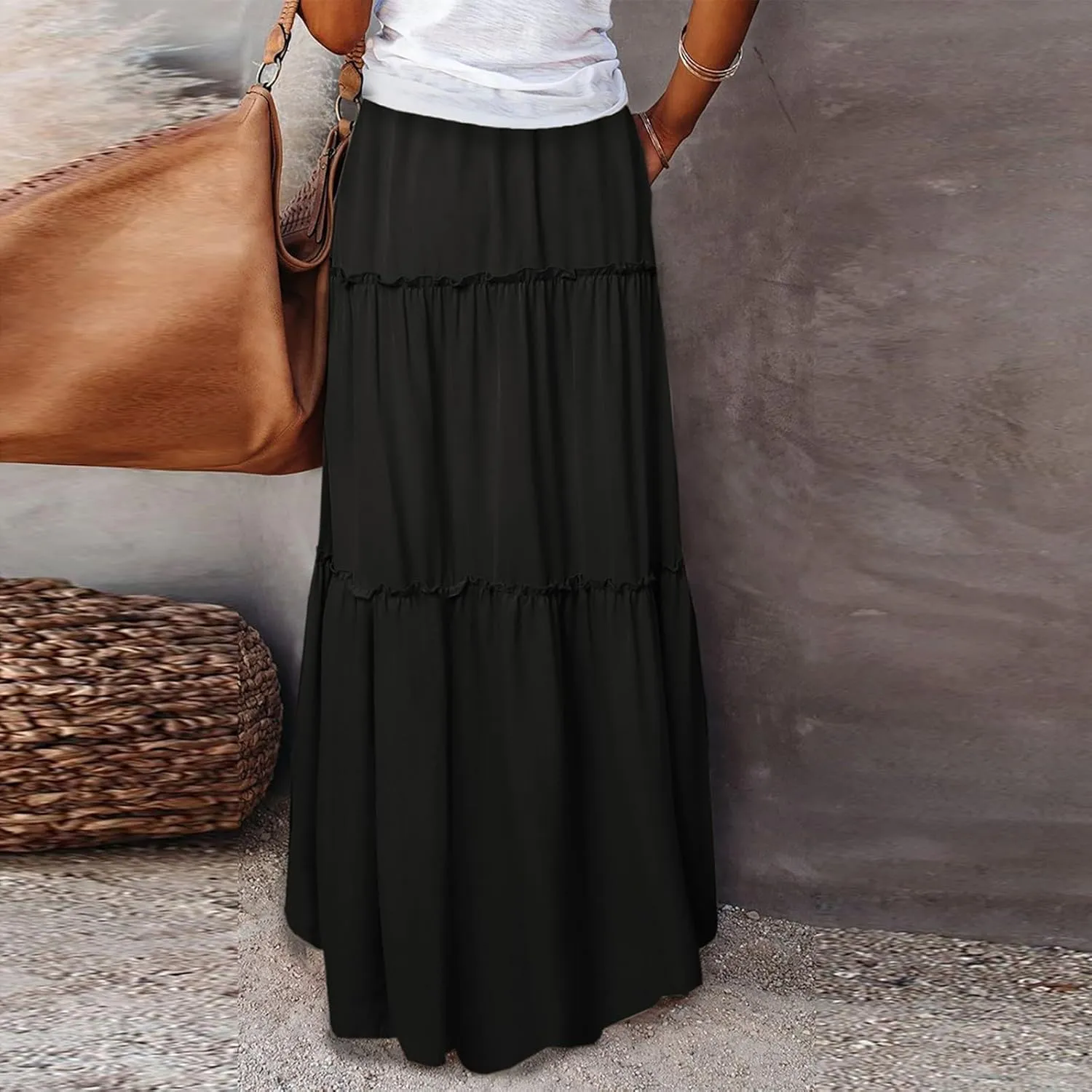 Women's Summer Skirts Beach Maxi Skirt Drawstring Elastic Ruffle Tiered A Line Skirts Cute Long Skirt with Pockets