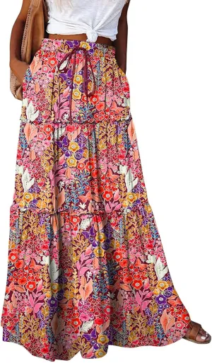 Women's Summer Skirts Beach Maxi Skirt Drawstring Elastic Ruffle Tiered A Line Skirts Cute Long Skirt with Pockets