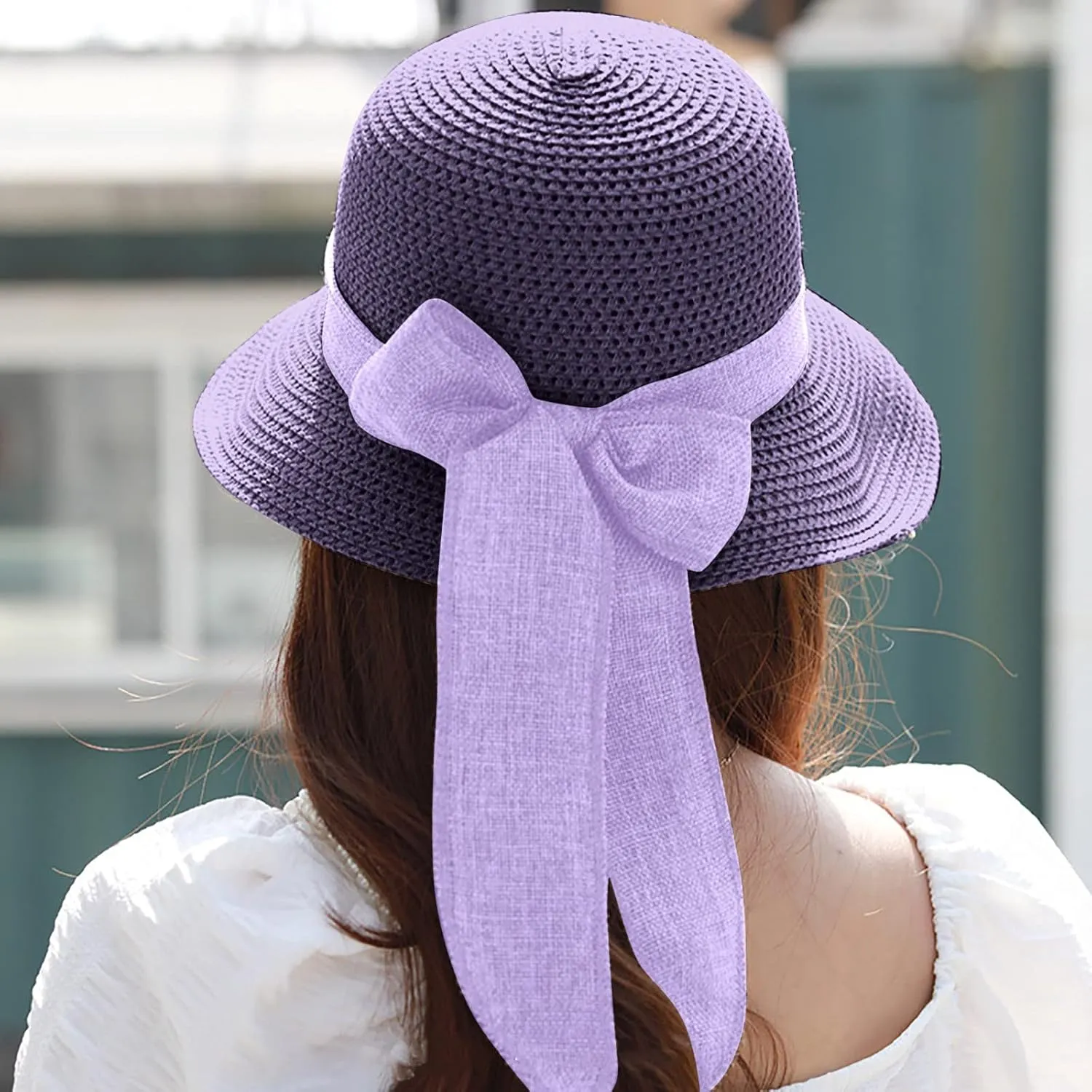 Womens Sun Hats Wide Brim Summer Beach Hat for Women Foldable Travel Stra Hat with Bow Tie UPF50 