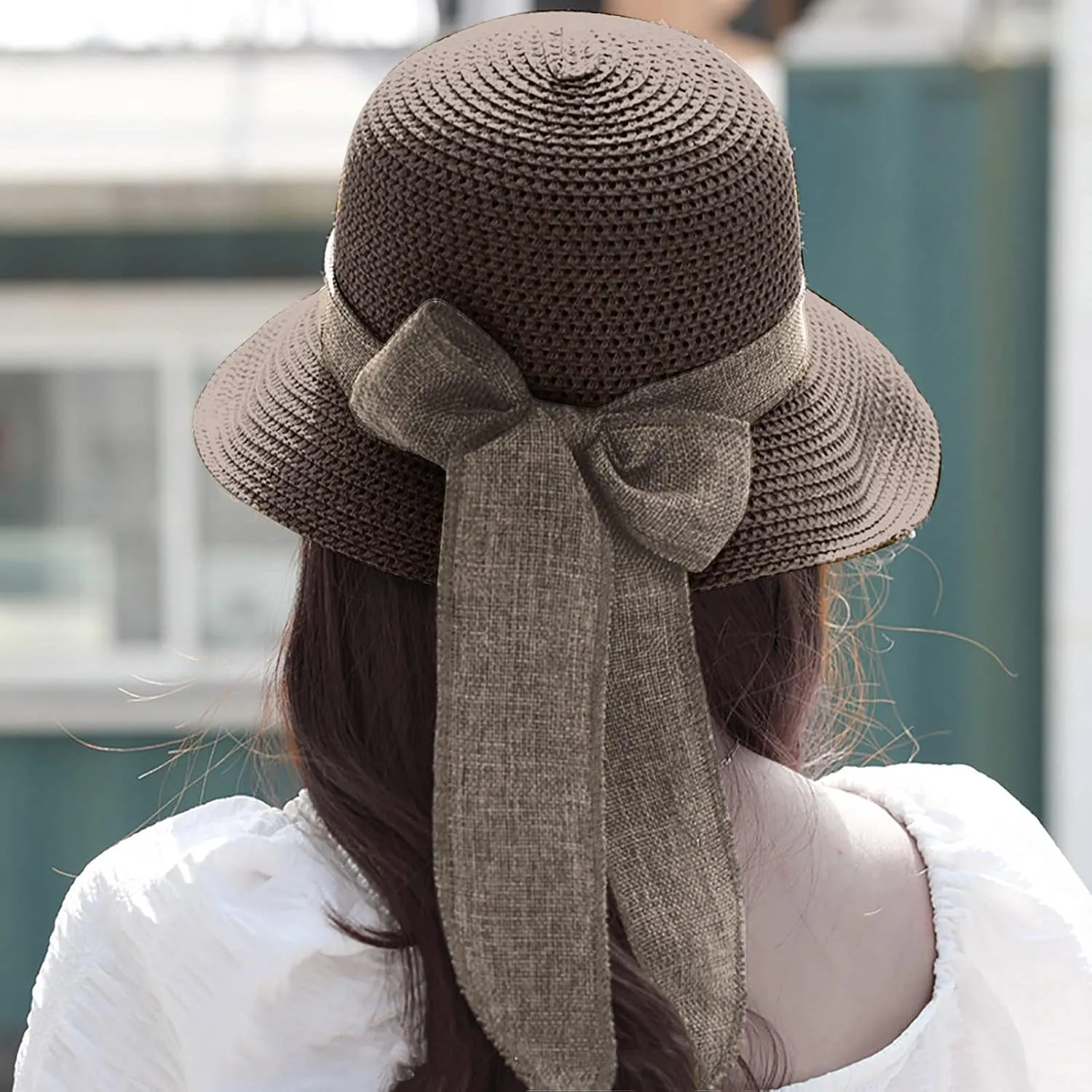 Womens Sun Hats Wide Brim Summer Beach Hat for Women Foldable Travel Stra Hat with Bow Tie UPF50 
