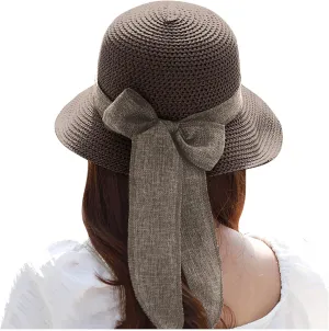 Womens Sun Hats Wide Brim Summer Beach Hat for Women Foldable Travel Stra Hat with Bow Tie UPF50 
