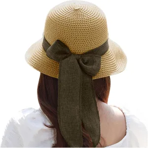 Womens Sun Hats Wide Brim Summer Beach Hat for Women Foldable Travel Stra Hat with Bow Tie UPF50 
