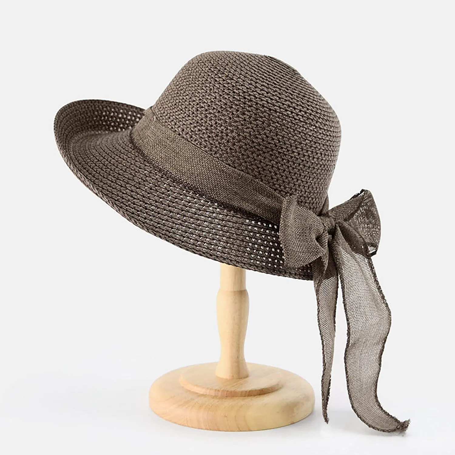 Womens Sun Hats Wide Brim Summer Beach Hat for Women Foldable Travel Stra Hat with Bow Tie UPF50 