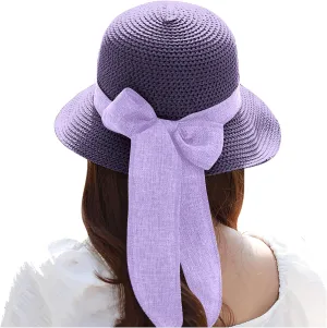 Womens Sun Hats Wide Brim Summer Beach Hat for Women Foldable Travel Stra Hat with Bow Tie UPF50 