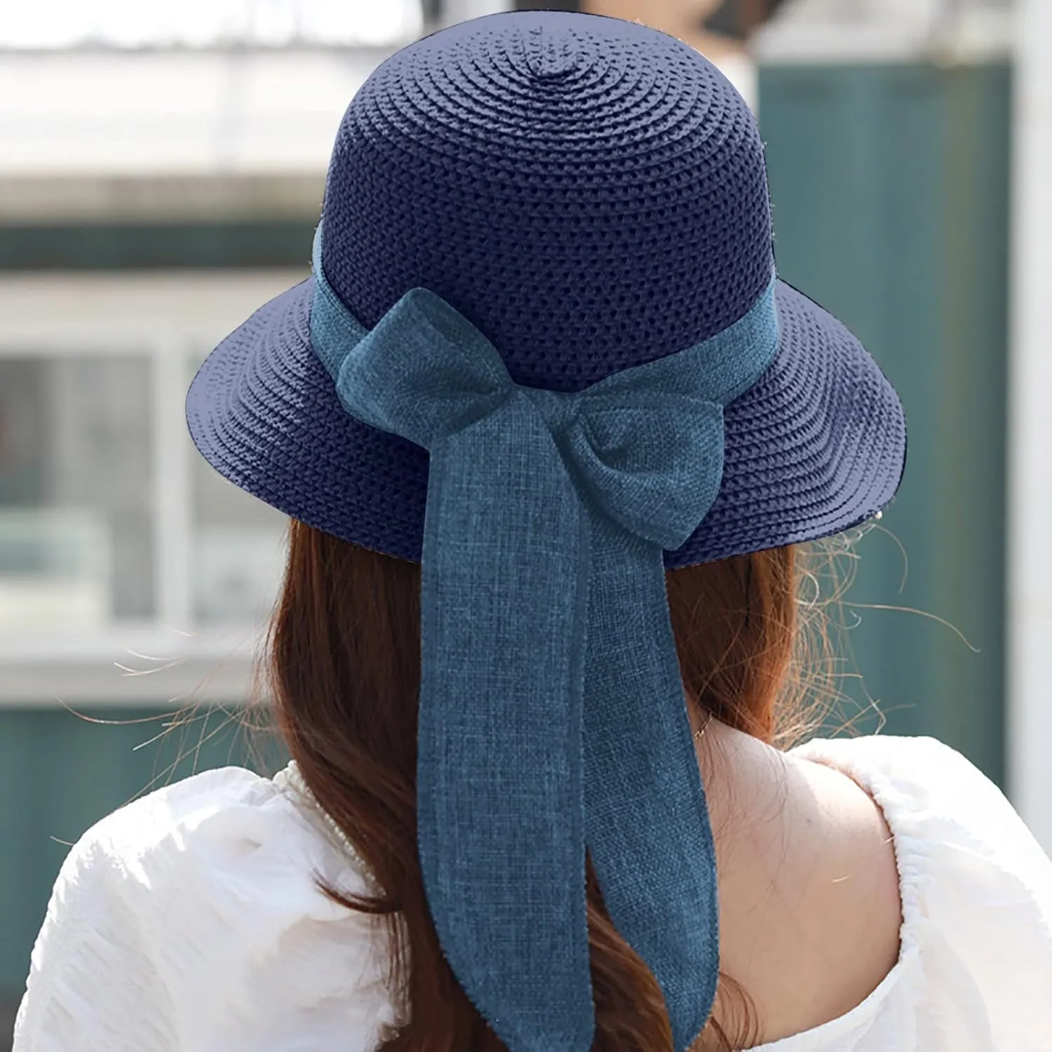 Womens Sun Hats Wide Brim Summer Beach Hat for Women Foldable Travel Stra Hat with Bow Tie UPF50 