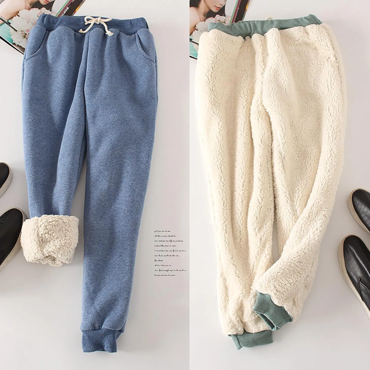 Women's Thicken Fleece Lined Sweatpants with Pockets Drawstring Waist Ankle Cuffed Joggers Cozy Warm Sherpa Winter Loungewear