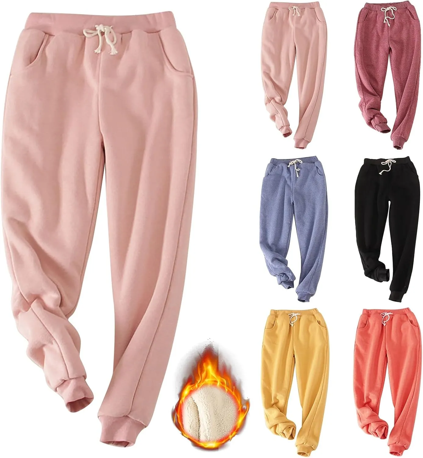 Women's Thicken Fleece Lined Sweatpants with Pockets Drawstring Waist Ankle Cuffed Joggers Cozy Warm Sherpa Winter Loungewear