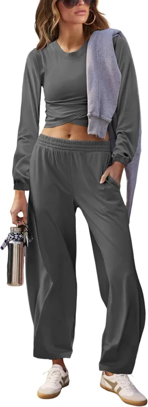 Womens Two Piece Outfits Crop Top Sweatpants Lounge Tracksuit Set Sweatsuit with Pockets