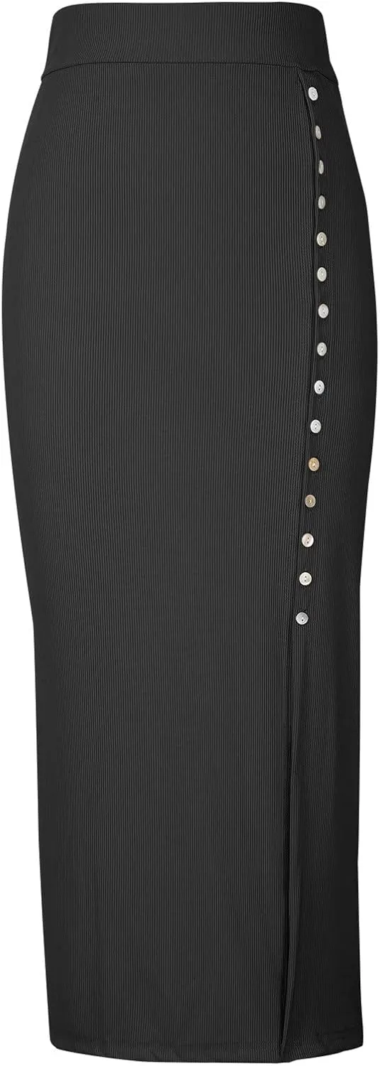 Work Skirts for Women Office High Waisted Wrap Skirt Side Slit Button Decor Elegant Sexy Midi Skirt for Business