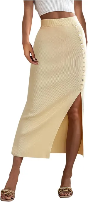 Work Skirts for Women Office High Waisted Wrap Skirt Side Slit Button Decor Elegant Sexy Midi Skirt for Business