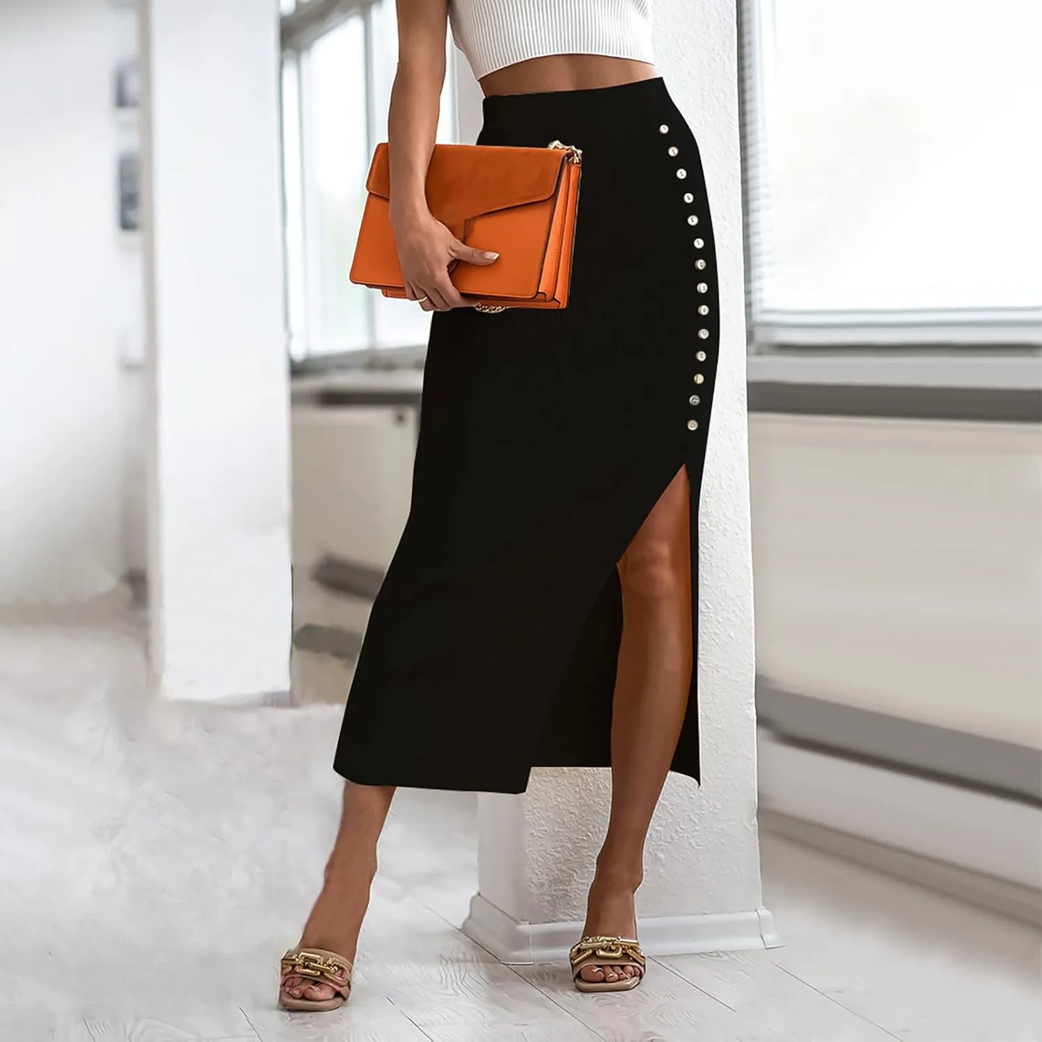 Work Skirts for Women Office High Waisted Wrap Skirt Side Slit Button Decor Elegant Sexy Midi Skirt for Business