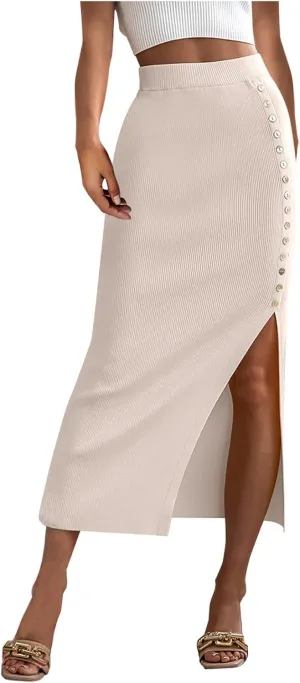Work Skirts for Women Office High Waisted Wrap Skirt Side Slit Button Decor Elegant Sexy Midi Skirt for Business