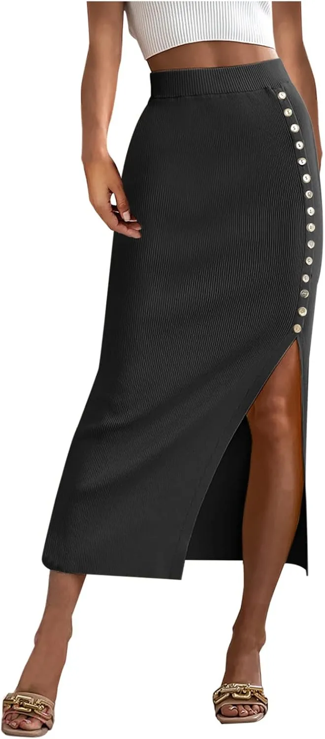 Work Skirts for Women Office High Waisted Wrap Skirt Side Slit Button Decor Elegant Sexy Midi Skirt for Business