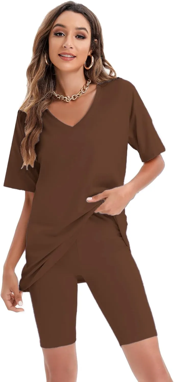 Youdiao Women Two Piece Outfits Shirts Summer Casual V Neck Oversized T Shirt Top Sweatsuits Biker Shorts Set