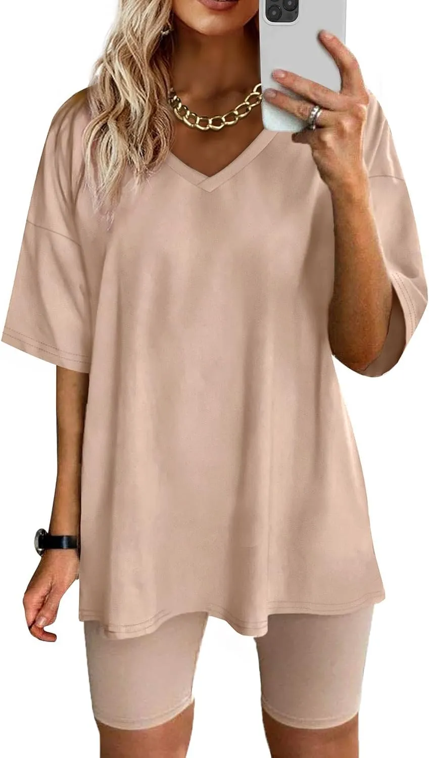 Youdiao Women Two Piece Outfits Shirts Summer Casual V Neck Oversized T Shirt Top Sweatsuits Biker Shorts Set