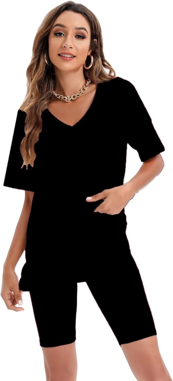 Youdiao Women Two Piece Outfits Shirts Summer Casual V Neck Oversized T Shirt Top Sweatsuits Biker Shorts Set