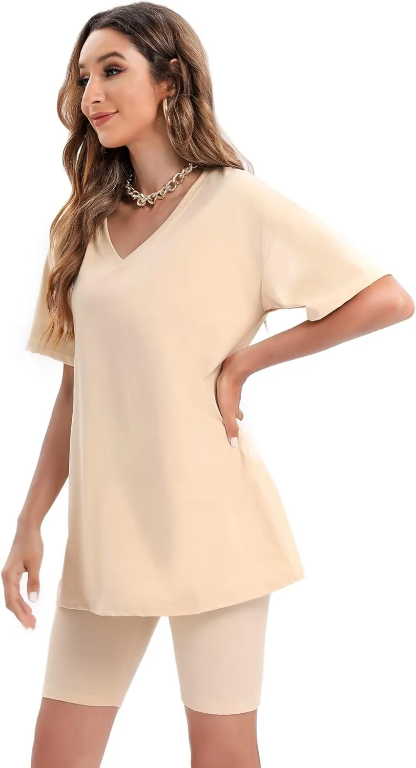 Youdiao Women Two Piece Outfits Shirts Summer Casual V Neck Oversized T Shirt Top Sweatsuits Biker Shorts Set
